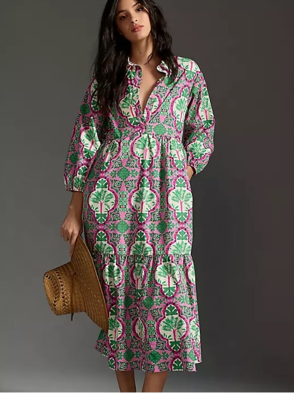 Anthropologie Maeve Bettina Shirt Dress Tiered Maxi Pink Green Tree Floral 1X